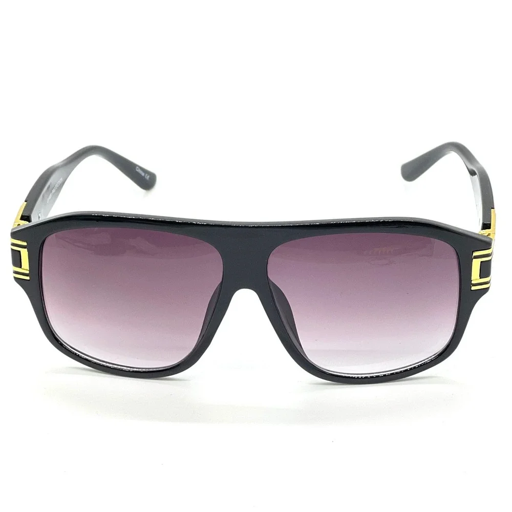 Flat Top Sunglasses Black Gold Accent UV400 Protection Fashion Shades Trendy New